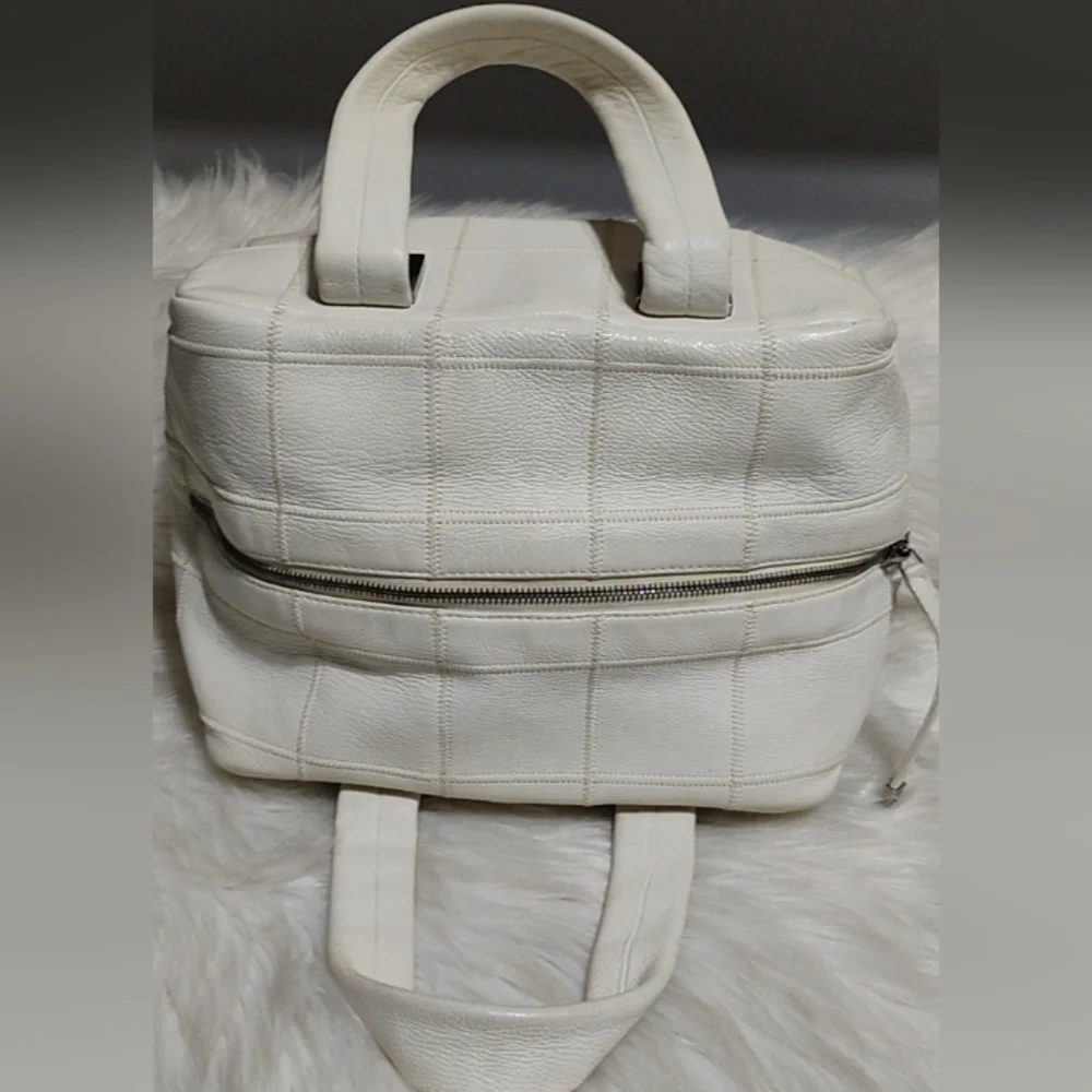 Chanel Choco Bar Coco Mark Lux Square Stitch White Boston Bowler Handbag